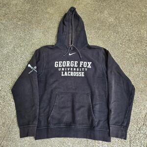 Vtg Y2k NIKE George Fox Lacrosse Center Swoosh Athletic Hooded Sweatshirt Small